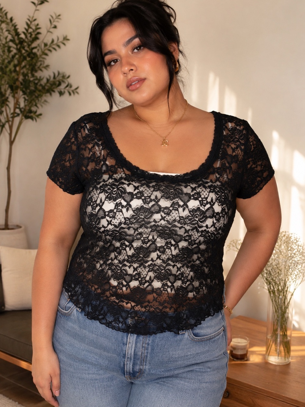 Forever 21 Black Sheer Lace Scoop Neck Bandeau Top